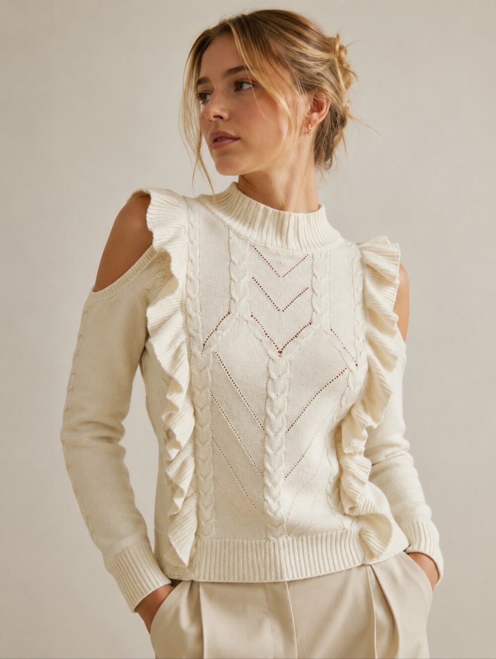 Ivory Mock Neck Ruffle Trim Knit Sweater Romantic Minimalism Winter Cozy Fall